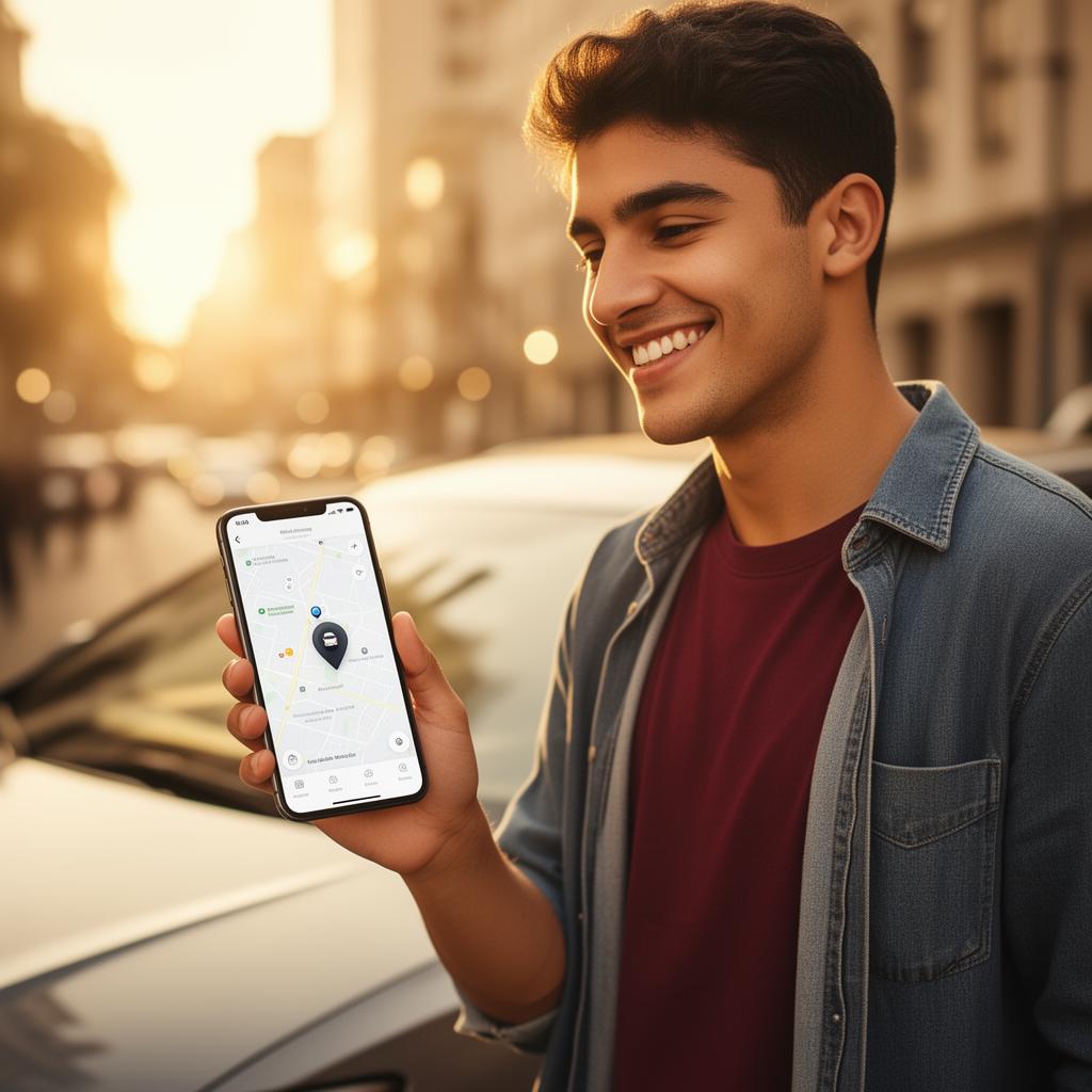 Pessoa segurando o celular com o aplicativo Viggo Track aberto ao lado do carro